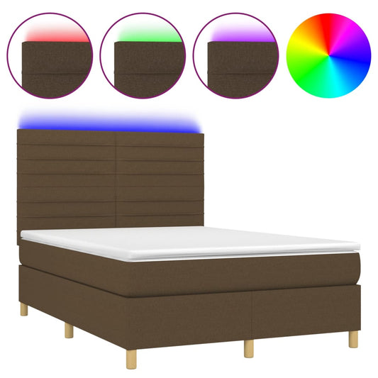 vidaXL Κρεβάτι Boxspring με Στρώμα & LED Σκ.Καφέ 140x190εκ. Υφασμάτινο