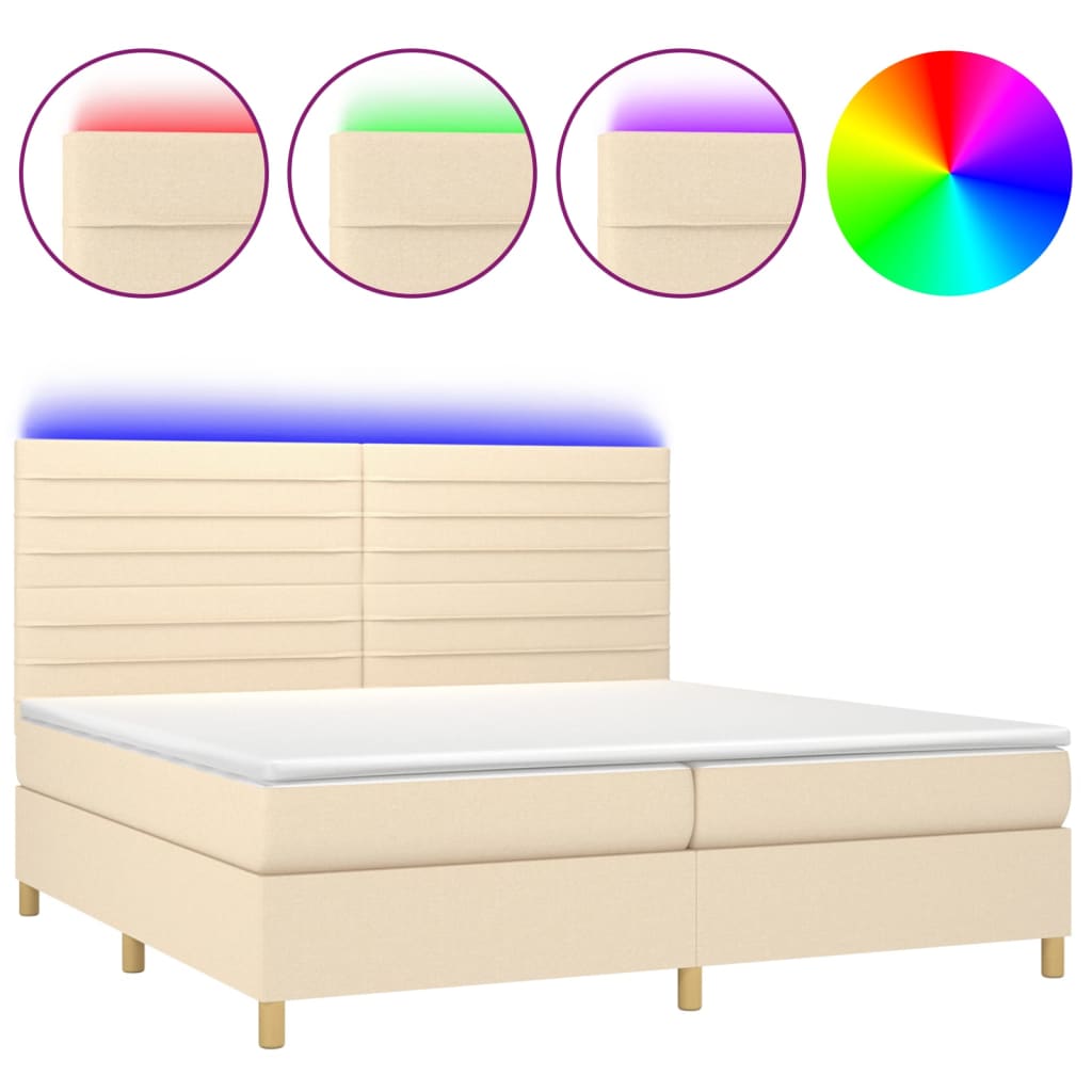 vidaXL Κρεβάτι Boxspring με Στρώμα & LED Κρεμ 200x200 εκ. Υφασμάτινο