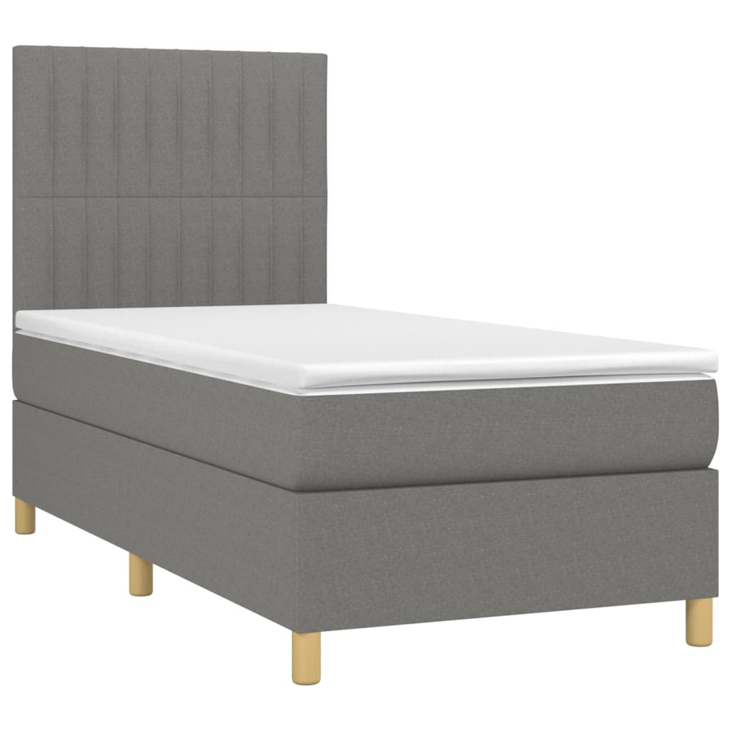 vidaXL Κρεβάτι Boxspring με Στρώμα & LED Σκ.Γκρι 90x200 εκ. Υφασμάτινο
