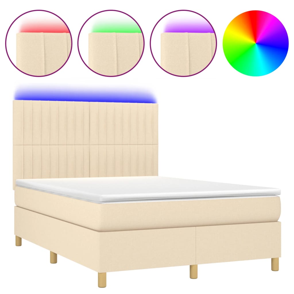 vidaXL Κρεβάτι Boxspring με Στρώμα & LED Κρεμ 140x200 εκ. Υφασμάτινο