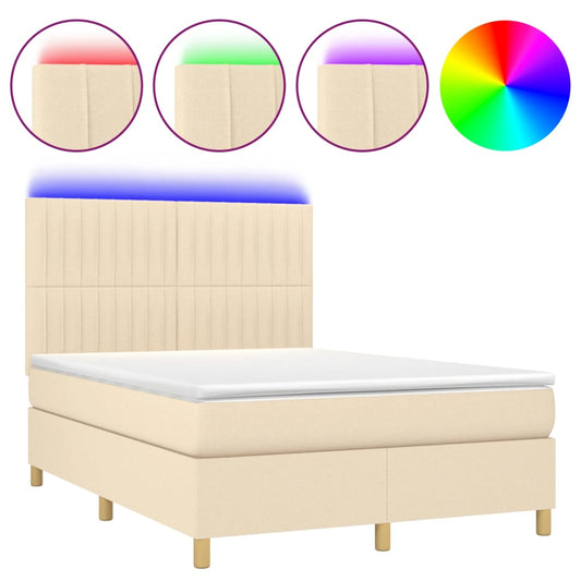 vidaXL Κρεβάτι Boxspring με Στρώμα & LED Κρεμ 140x200 εκ. Υφασμάτινο