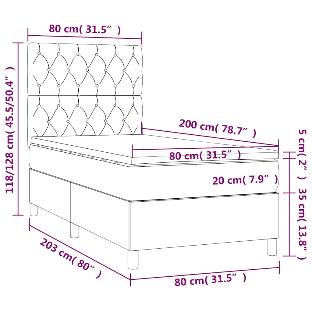 vidaXL Κρεβάτι Boxspring με Στρώμα & LED Μαύρο 80x200 εκ. Υφασμάτινο