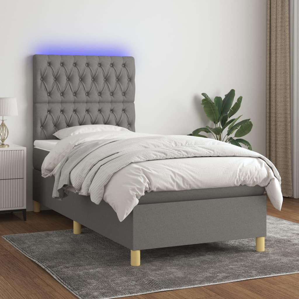 vidaXL Κρεβάτι Boxspring με Στρώμα & LED Σκ.Γκρι 100x200 εκ Υφασμάτινο