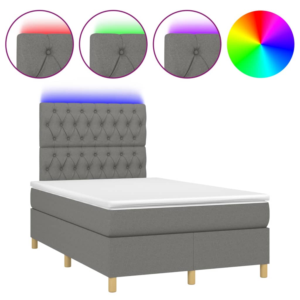 vidaXL Κρεβάτι Boxspring με Στρώμα & LED Σκ.Γκρι 120x200 εκ Υφασμάτινο