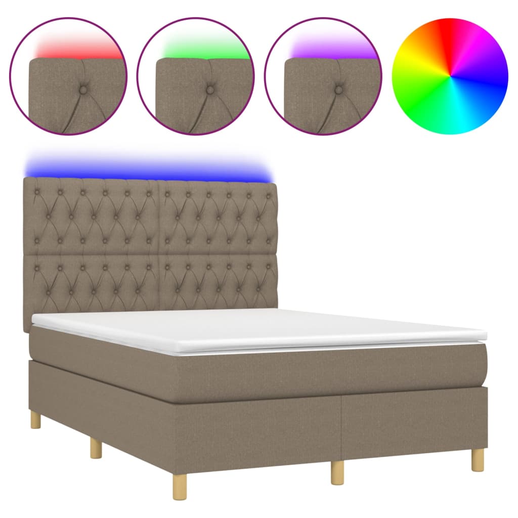 vidaXL Κρεβάτι Boxspring με Στρώμα & LED Taupe 140x190 εκ. Υφασμάτινο