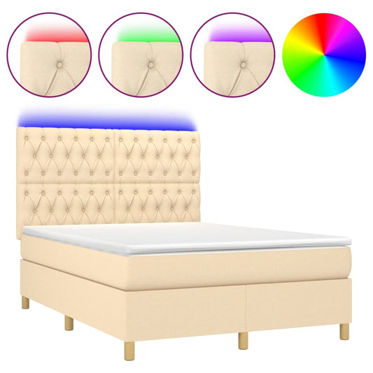 vidaXL Κρεβάτι Boxspring με Στρώμα & LED Κρεμ 140x200 εκ. Υφασμάτινο