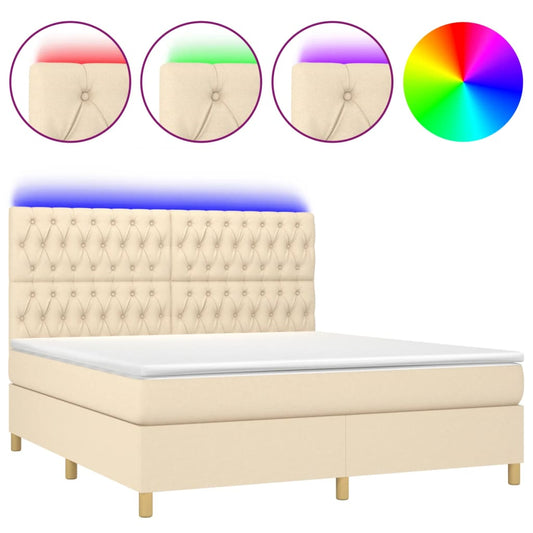 vidaXL Κρεβάτι Boxspring με Στρώμα & LED Κρεμ 180x200 εκ. Υφασμάτινο