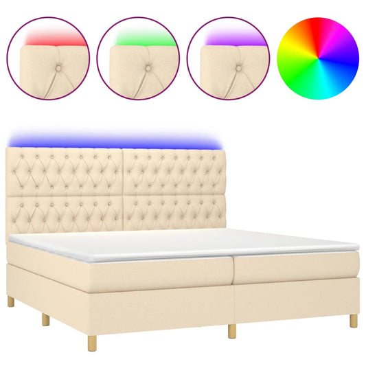 vidaXL Κρεβάτι Boxspring με Στρώμα & LED Κρεμ 200x200 εκ. Υφασμάτινο