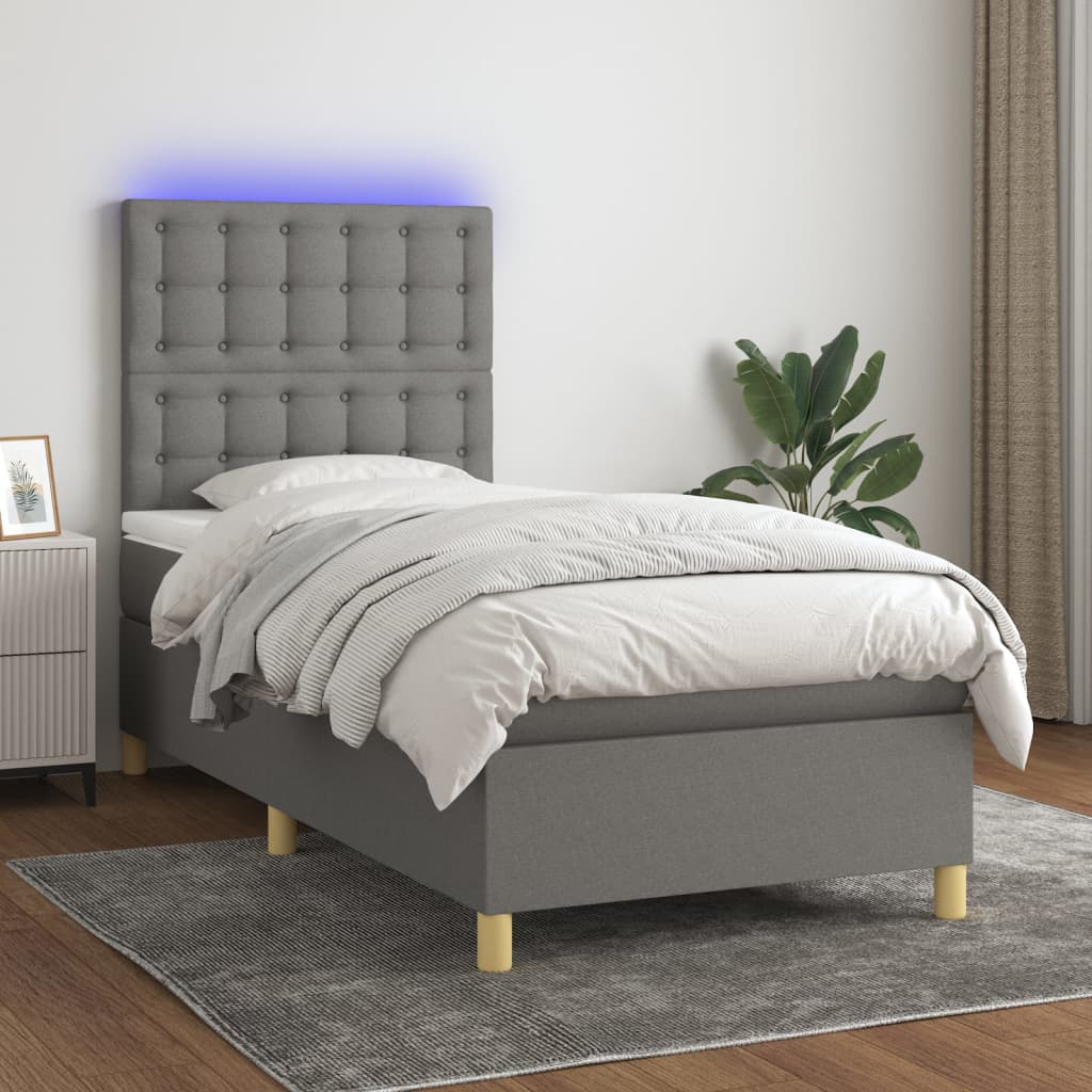 vidaXL Κρεβάτι Boxspring με Στρώμα & LED Σκ.Γκρι 80x200 εκ. Υφασμάτινο