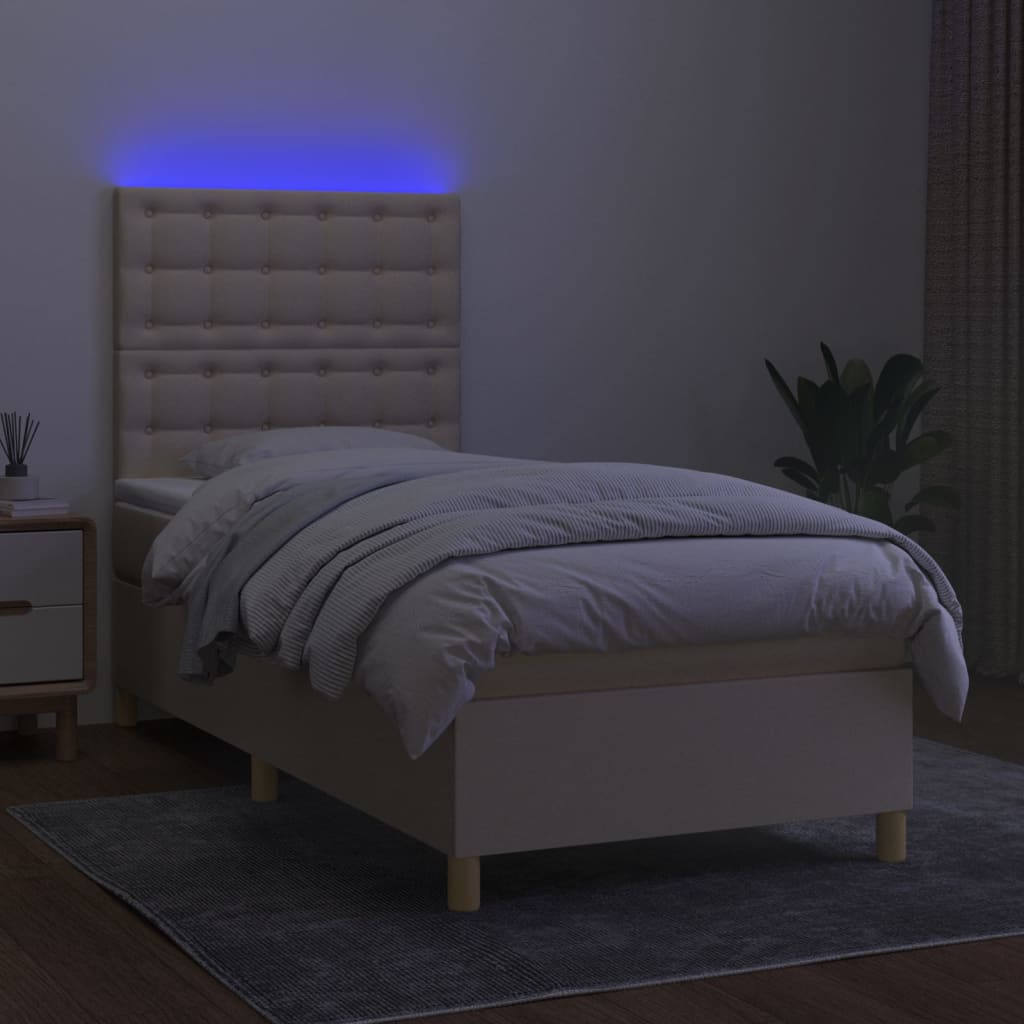 vidaXL Κρεβάτι Boxspring με Στρώμα & LED Κρεμ 90x190 εκ. Υφασμάτινο