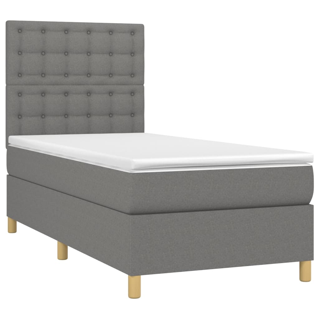vidaXL Κρεβάτι Boxspring με Στρώμα & LED Σκ.Γκρι 90x200 εκ. Υφασμάτινο