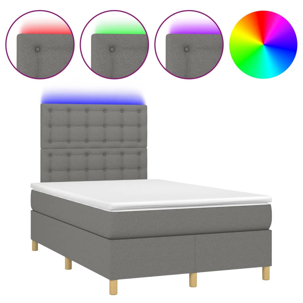 vidaXL Κρεβάτι Boxspring με Στρώμα & LED Σκ.Γκρι 120x200 εκ Υφασμάτινο