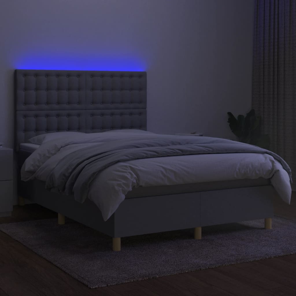 vidaXL Κρεβάτι Boxspring με Στρώμα & LED Αν.Γκρι 140x190εκ. Υφασμάτινο