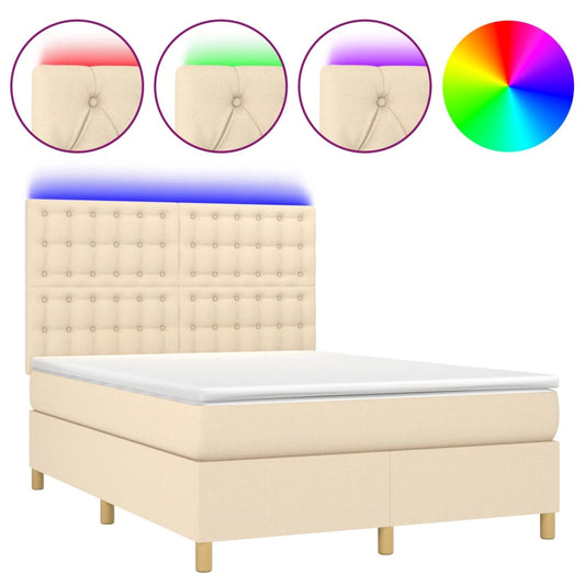 vidaXL Κρεβάτι Boxspring με Στρώμα & LED Κρεμ 140x190 εκ. Υφασμάτινο