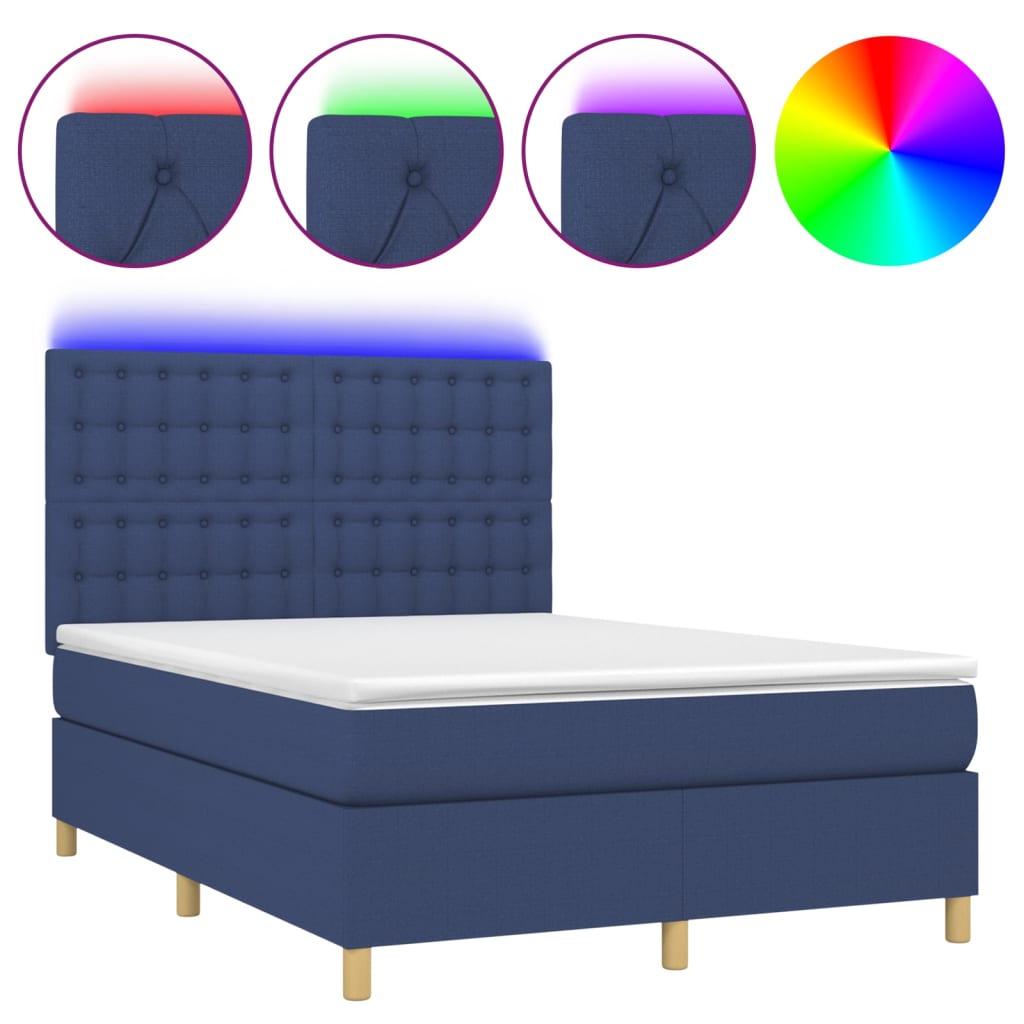 vidaXL Κρεβάτι Boxspring με Στρώμα & LED Μπλε 140x190 εκ. Υφασμάτινο