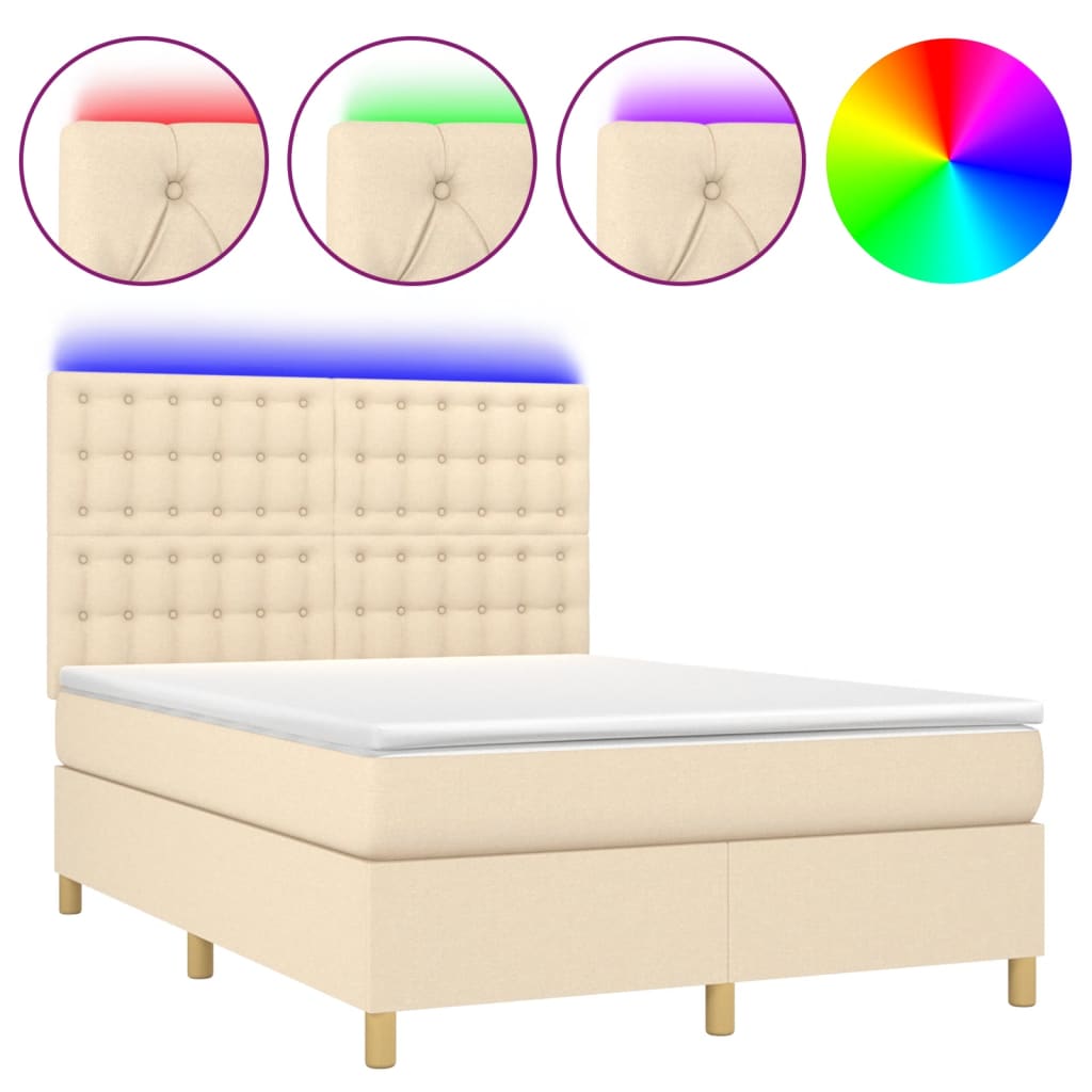 vidaXL Κρεβάτι Boxspring με Στρώμα & LED Κρεμ 140x200 εκ. Υφασμάτινο