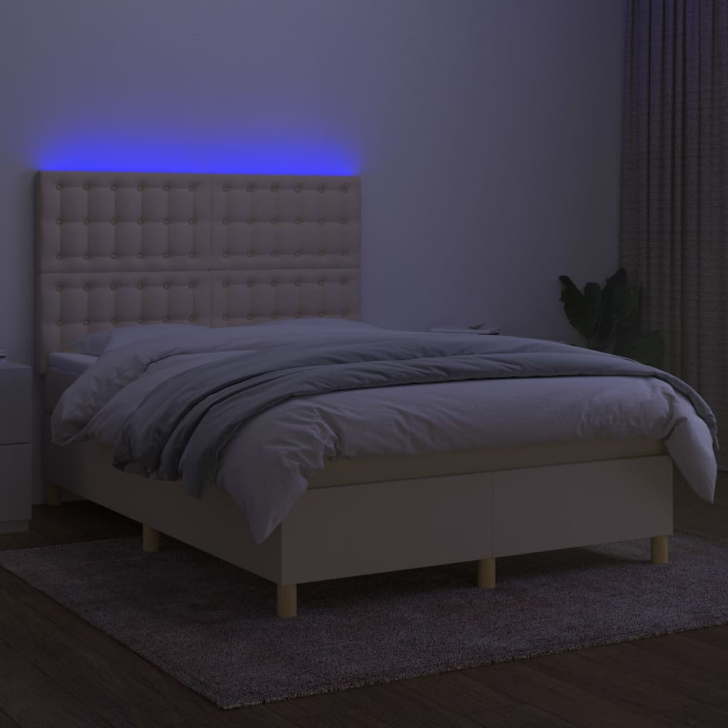 vidaXL Κρεβάτι Boxspring με Στρώμα & LED Κρεμ 140x200 εκ. Υφασμάτινο