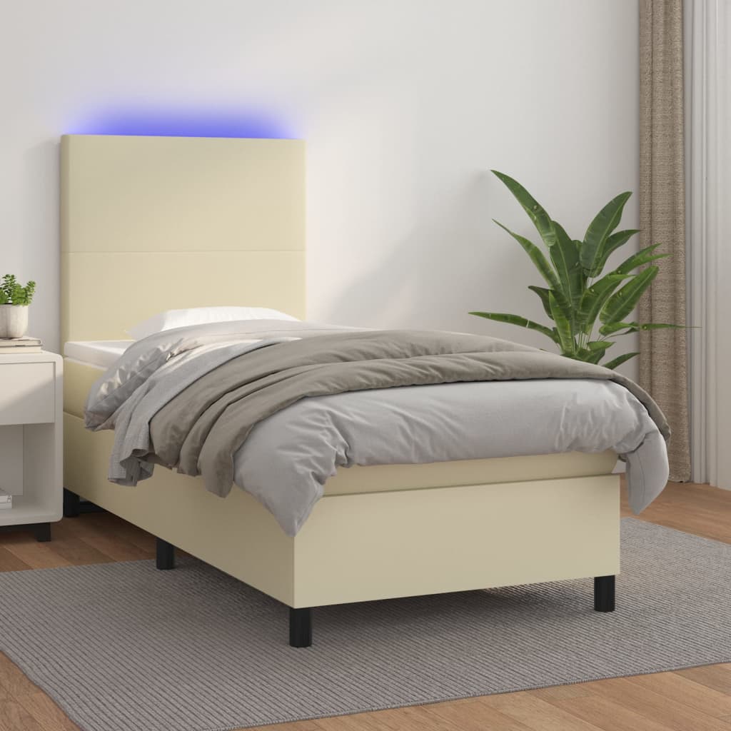 vidaXL Κρεβάτι Boxspring με Στρώμα & LED Κρεμ 90x190 εκ. Συνθ. Δέρμα