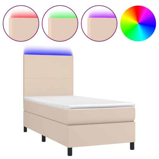 vidaXL Κρεβάτι Boxspring Στρώμα&LED Καπουτσίνο 90x190 εκ. Συνθ. Δέρμα