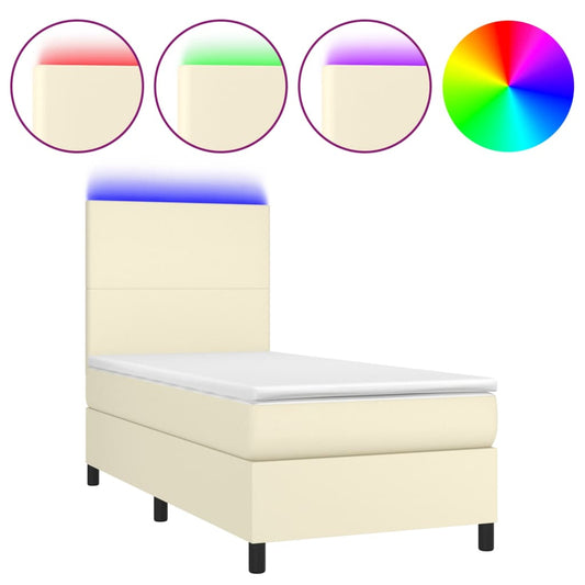 vidaXL Κρεβάτι Boxspring με Στρώμα & LED Κρεμ 100x200 εκ. Συνθ. Δέρμα