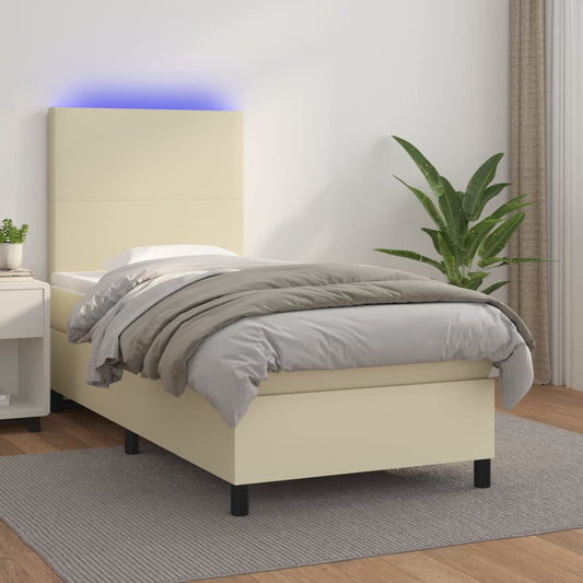 vidaXL Κρεβάτι Boxspring με Στρώμα & LED Κρεμ 100x200 εκ. Συνθ. Δέρμα