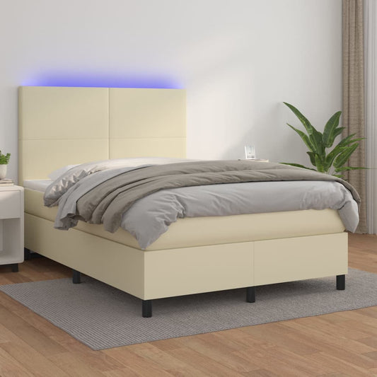 vidaXL Κρεβάτι Boxspring με Στρώμα & LED Κρεμ 140x190 εκ. Συνθ. Δέρμα