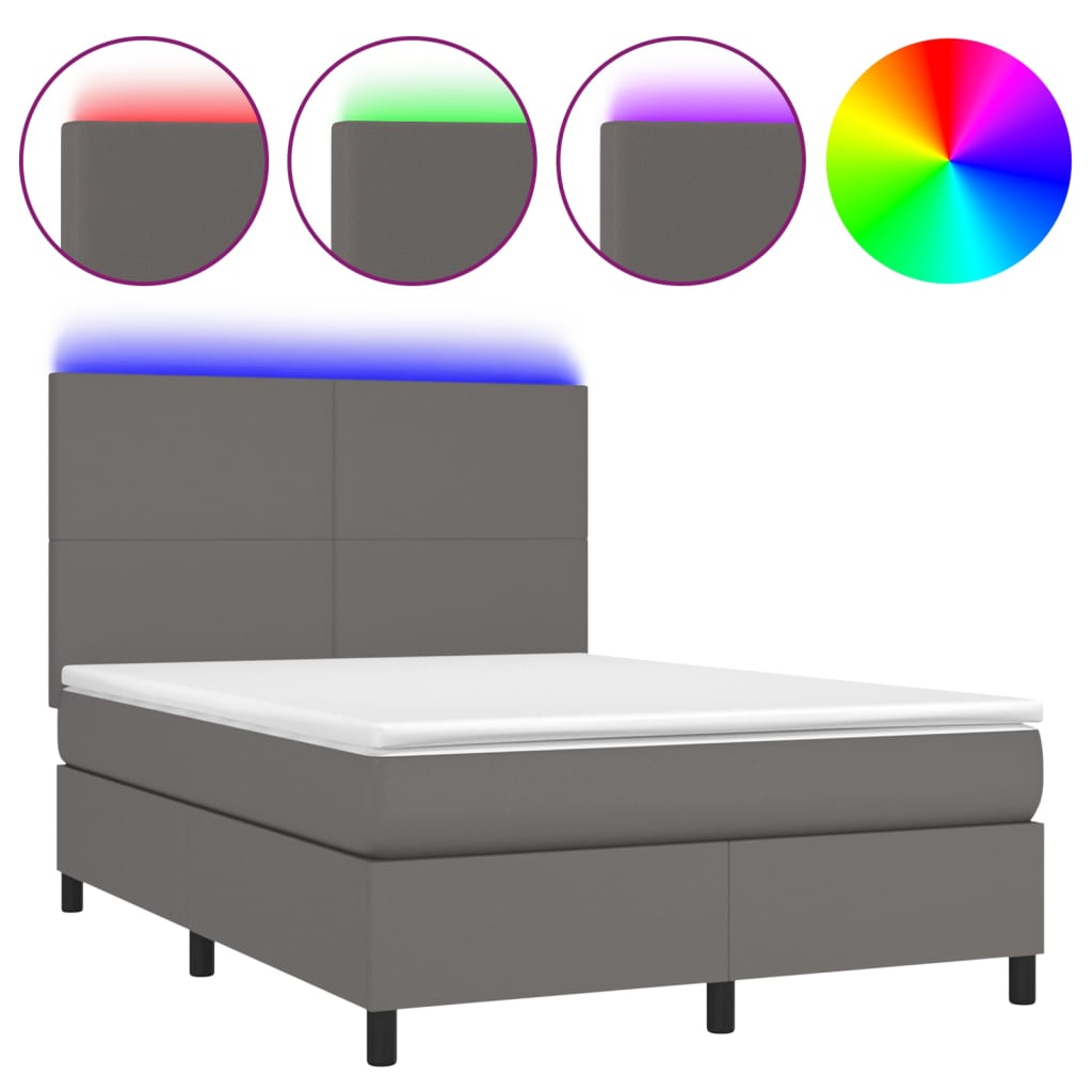 vidaXL Κρεβάτι Boxspring με Στρώμα & LED Γκρι 140x190 εκ. Συνθ. Δέρμα