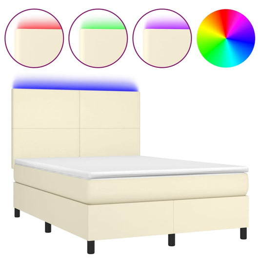 vidaXL Κρεβάτι Boxspring με Στρώμα & LED Κρεμ 140x200 εκ. Συνθ. Δέρμα