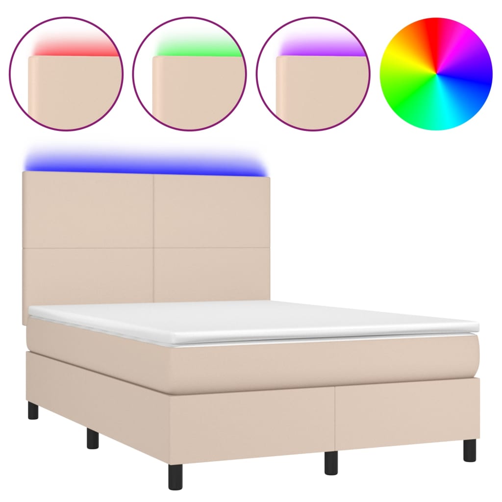 vidaXL Κρεβάτι Boxspring Στρώμα&LED Καπουτσίνο 140x200 εκ. Συνθ. Δέρμα