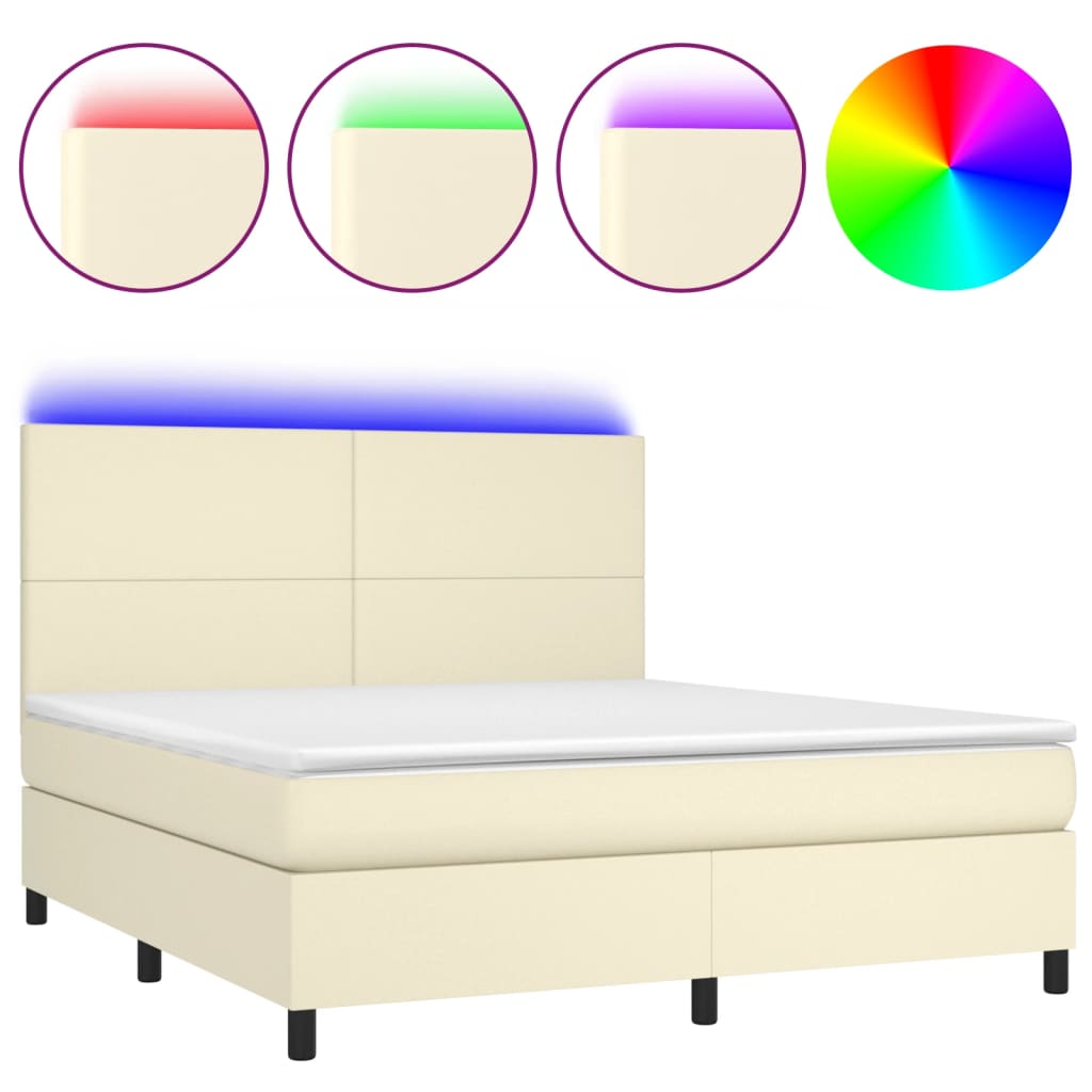 vidaXL Κρεβάτι Boxspring με Στρώμα & LED Κρεμ 180x200 εκ. Συνθ. Δέρμα
