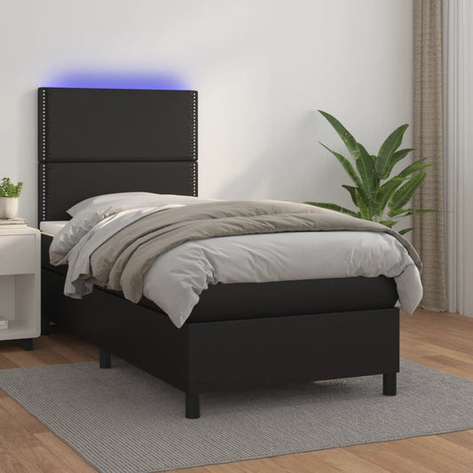 vidaXL Κρεβάτι Boxspring με Στρώμα & LED Μαύρο 100x200 εκ. Συνθ. Δέρμα