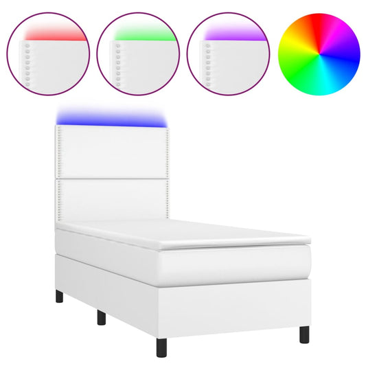 vidaXL Κρεβάτι Boxspring με Στρώμα & LED Λευκό 100x200 εκ. Συνθ. Δέρμα