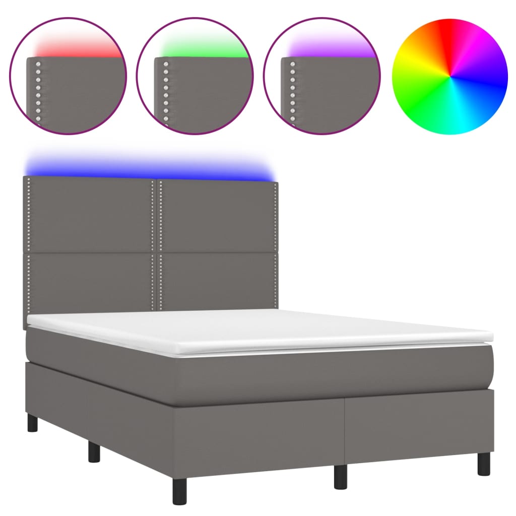 vidaXL Κρεβάτι Boxspring με Στρώμα & LED Γκρι 140x200 εκ. Συνθ. Δέρμα
