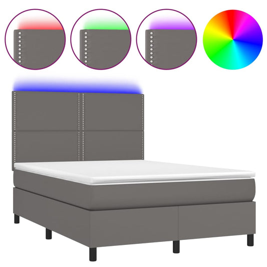 vidaXL Κρεβάτι Boxspring με Στρώμα & LED Γκρι 140x200 εκ. Συνθ. Δέρμα