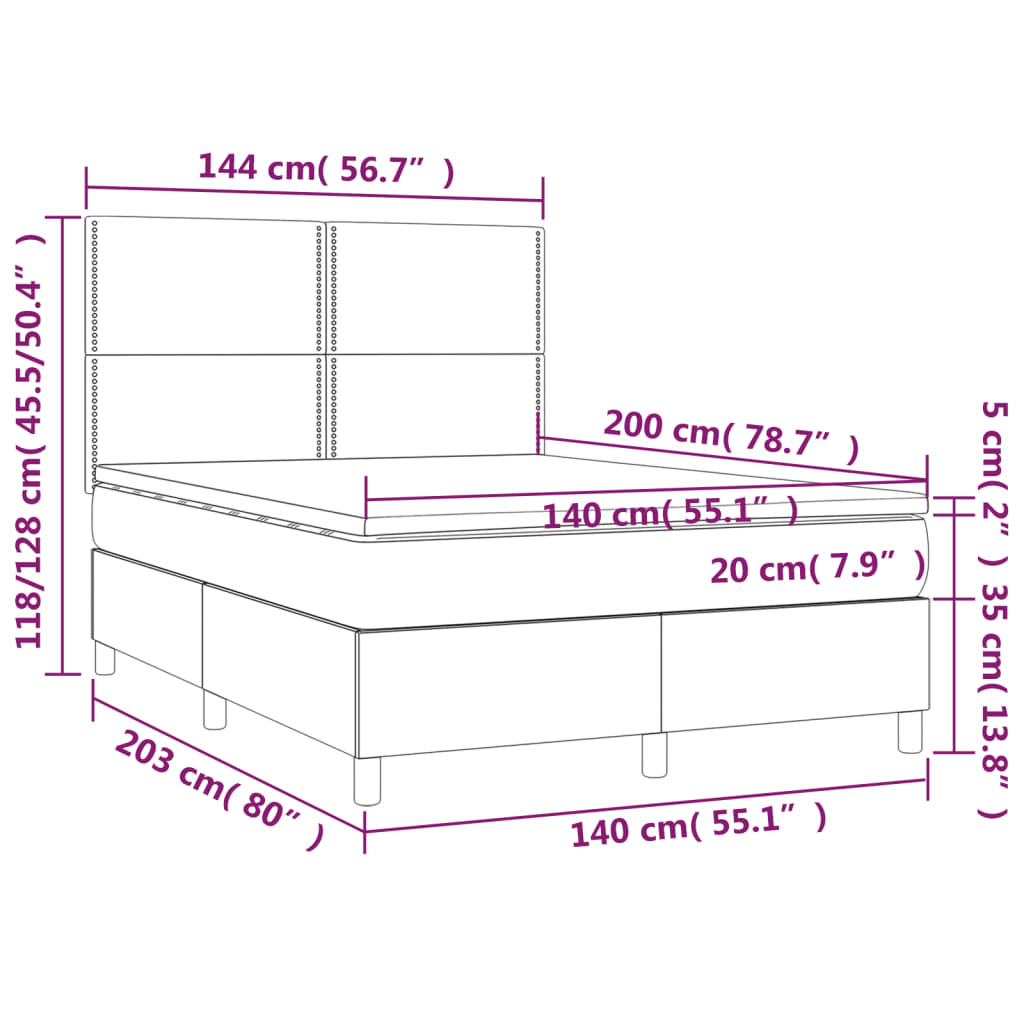 vidaXL Κρεβάτι Boxspring με Στρώμα & LED Γκρι 140x200 εκ. Συνθ. Δέρμα