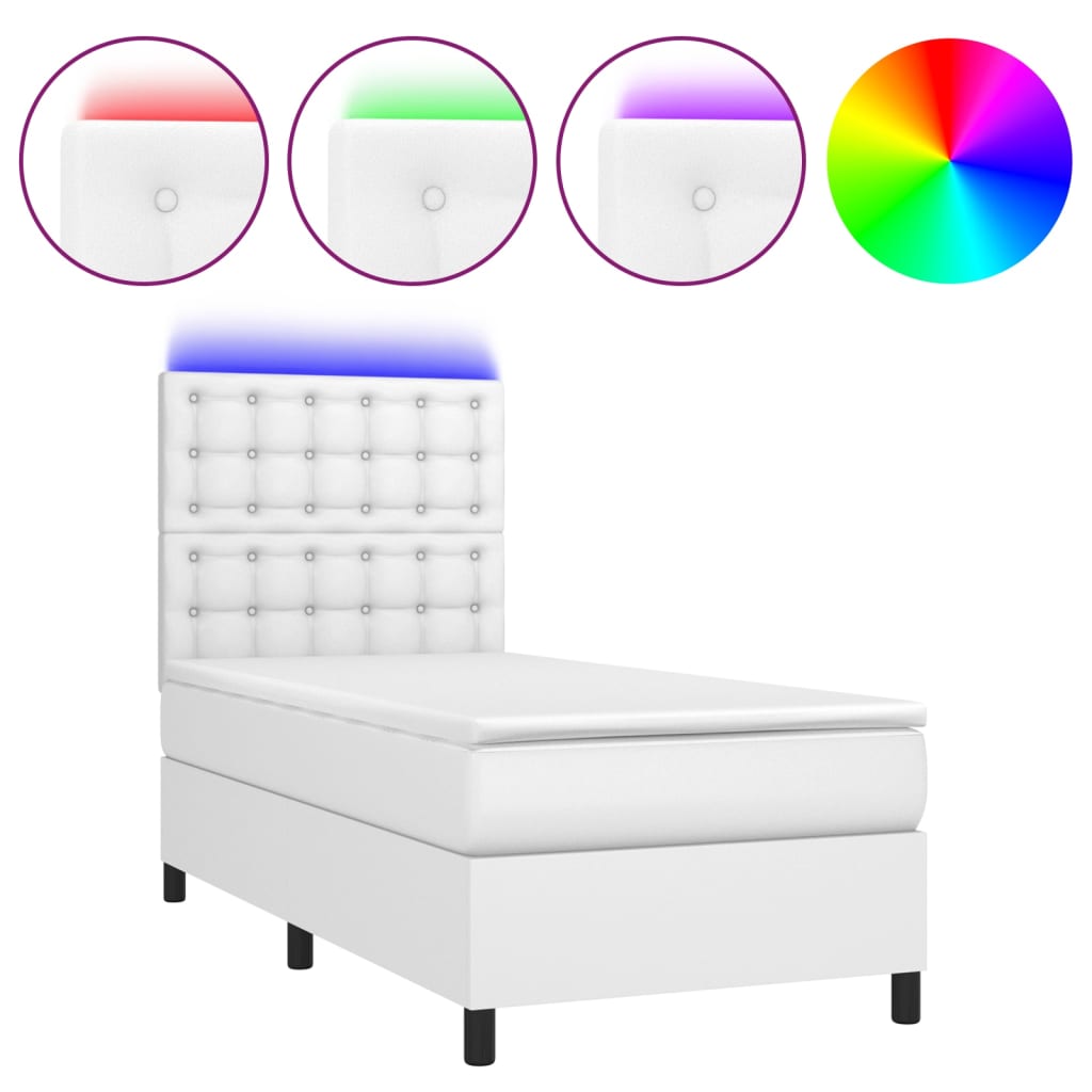 vidaXL Κρεβάτι Boxspring με Στρώμα & LED Λευκό 90x190 εκ. Συνθ. Δέρμα