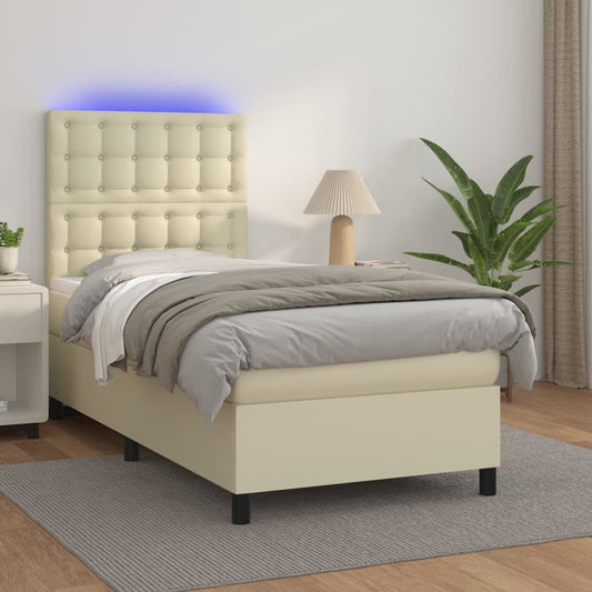 vidaXL Κρεβάτι Boxspring με Στρώμα & LED Κρεμ 90x190 εκ. Συνθ. Δέρμα