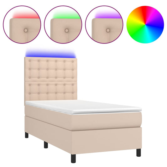vidaXL Κρεβάτι Boxspring Στρώμα&LED Καπουτσίνο 90x190 εκ. Συνθ. Δέρμα