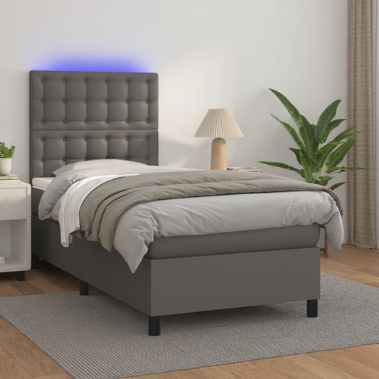 vidaXL Κρεβάτι Boxspring με Στρώμα & LED Γκρι 100x200 εκ. Συνθ. Δέρμα