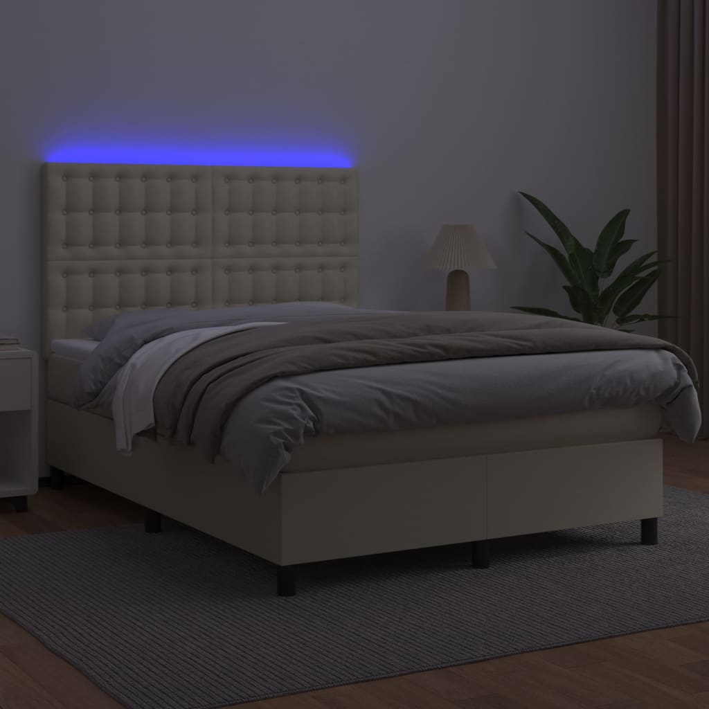 vidaXL Κρεβάτι Boxspring με Στρώμα & LED Κρεμ 140x190 εκ. Συνθ. Δέρμα