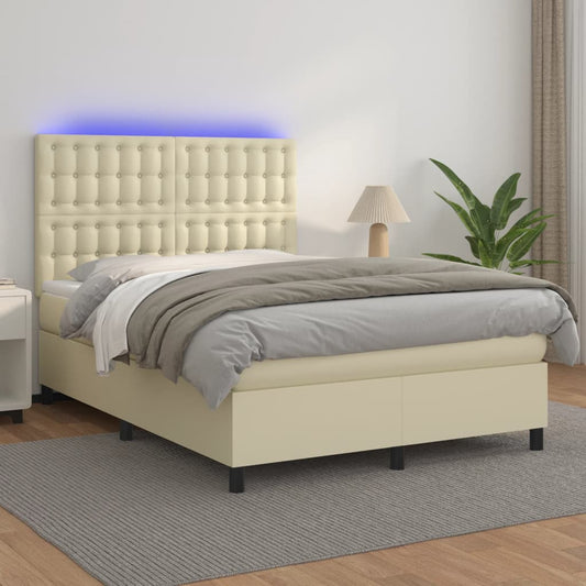 vidaXL Κρεβάτι Boxspring με Στρώμα & LED Κρεμ 140x190 εκ. Συνθ. Δέρμα