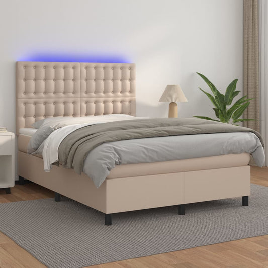 vidaXL Κρεβάτι Boxspring Στρώμα&LED Καπουτσίνο 140x190 εκ. Συνθ. Δέρμα