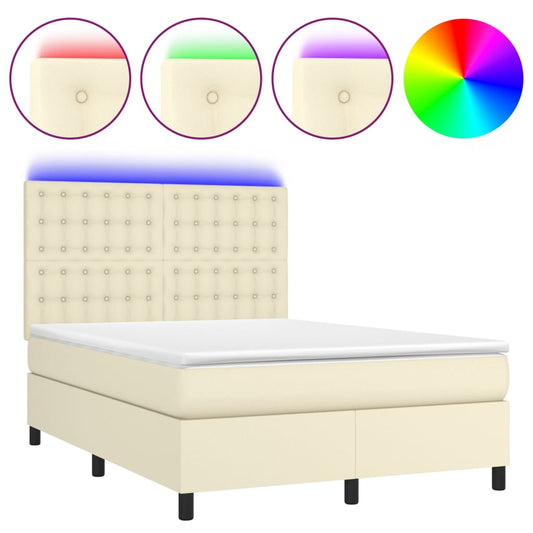 vidaXL Κρεβάτι Boxspring με Στρώμα & LED Κρεμ 140x200 εκ. Συνθ. Δέρμα