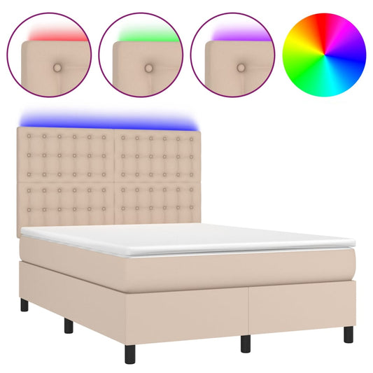 vidaXL Κρεβάτι Boxspring Στρώμα&LED Καπουτσίνο 140x200 εκ. Συνθ. Δέρμα