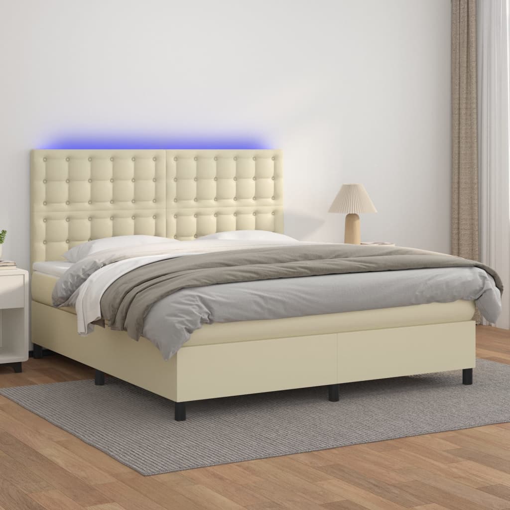 vidaXL Κρεβάτι Boxspring με Στρώμα & LED Κρεμ 160x200 εκ. Συνθ. Δέρμα
