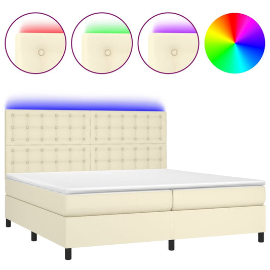vidaXL Κρεβάτι Boxspring με Στρώμα & LED Κρεμ 200x200 εκ. Συνθ. Δέρμα