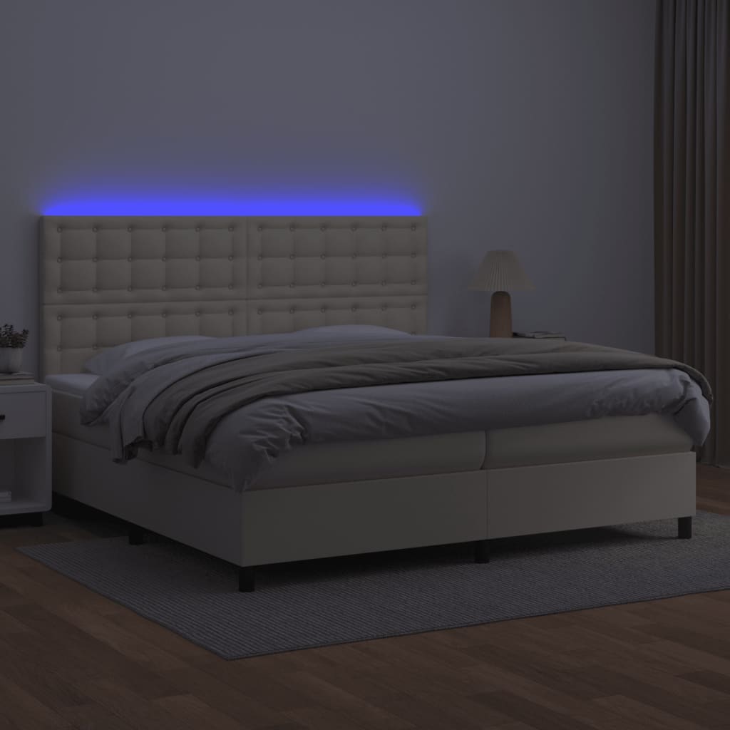 vidaXL Κρεβάτι Boxspring με Στρώμα & LED Κρεμ 200x200 εκ. Συνθ. Δέρμα