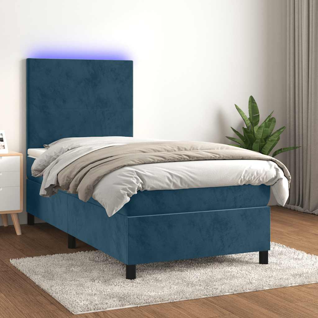 vidaXL Κρεβάτι Boxspring με Στρώμα & LED Σκ. Μπλε 80x200 εκ. Βελούδινο