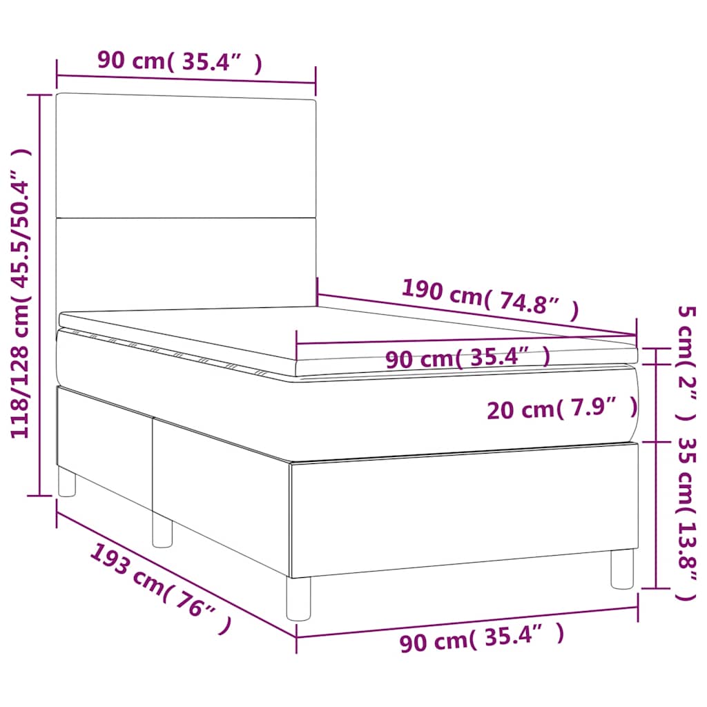 vidaXL Κρεβάτι Boxspring με Στρώμα & LED Σκ. Μπλε 90x190 εκ. Βελούδινο