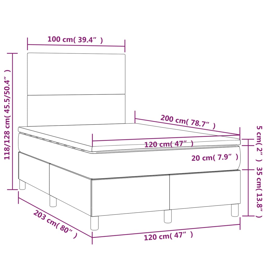 vidaXL Κρεβάτι Boxspring με Στρώμα & LED Σκ. Γκρι 120x200εκ. Βελούδινο